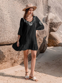 Printed Tie Neck Flounce Sleeve Mini Dress Trandify deal