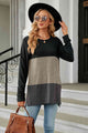 Color Block Round Neck Long Sleeve Slit T-Shirt Trandify deal