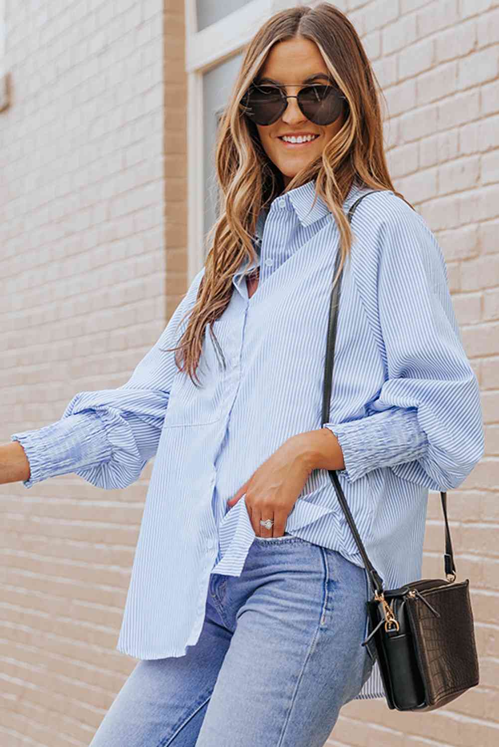 Striped Lantern Sleeve Collared Shirt Trandify deal