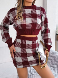 Plaid Round Neck Top and Skirt Sweater Set Trandify deal