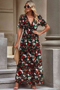 Floral V-Neck Short Flounce Sleeve Dress Trandify deal