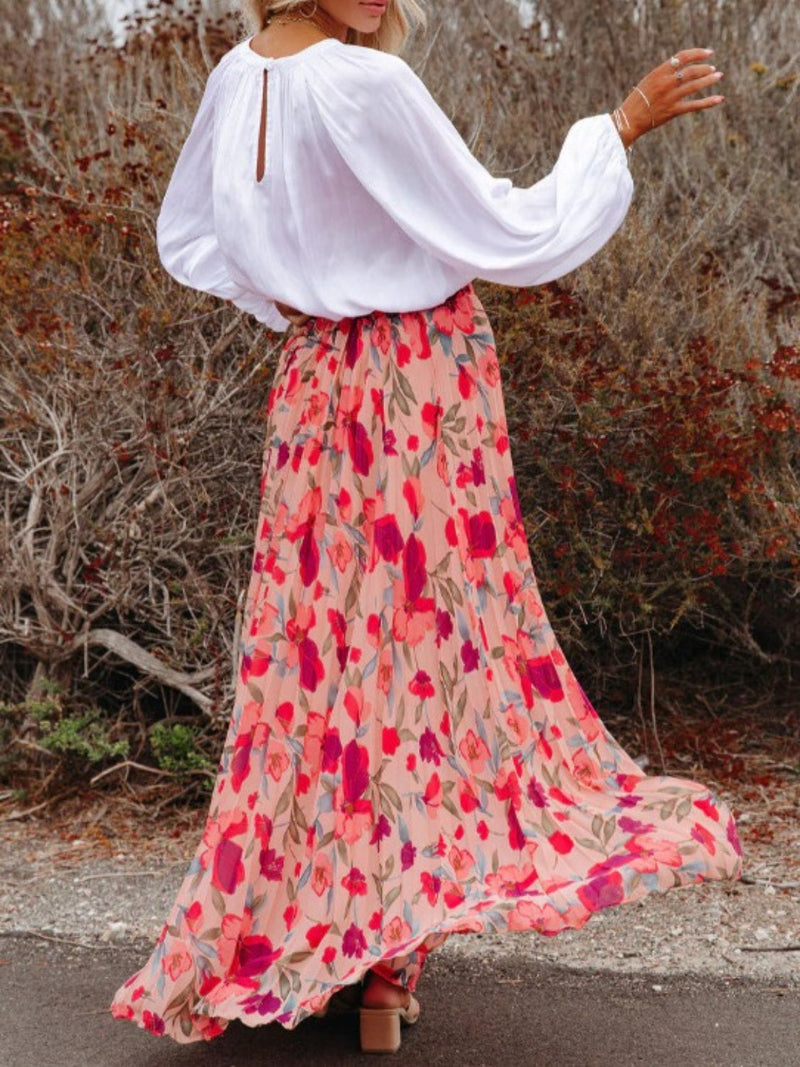 Printed Elastic Waist Pleated Maxi Skirt Trandify deal