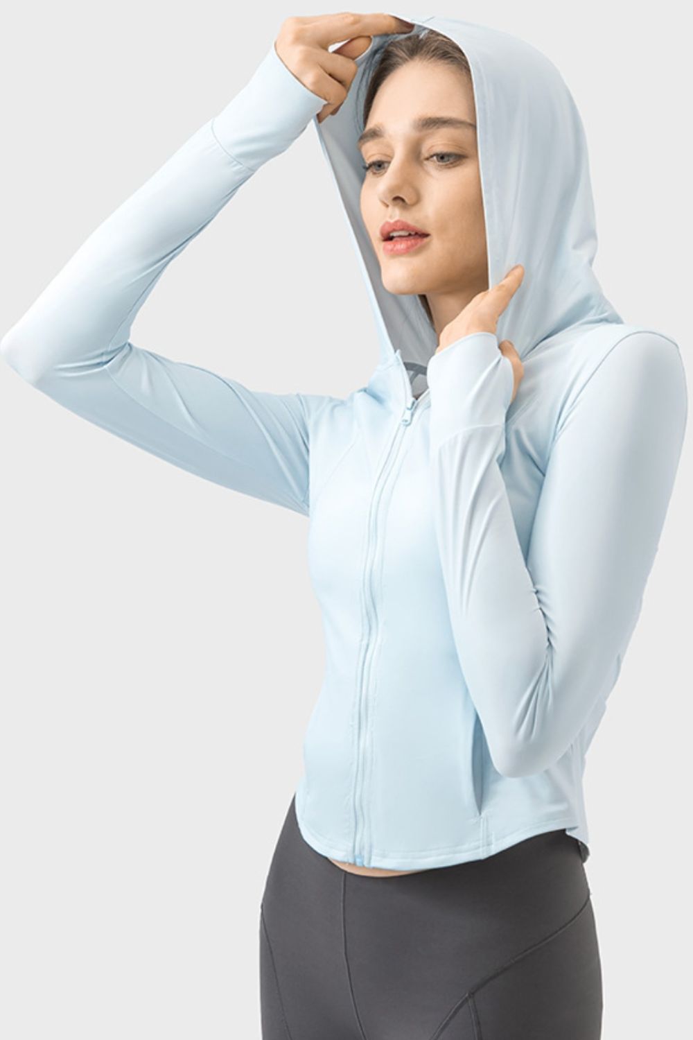 Pocketed Zip Up Hooded Long Sleeve Active Outerwear Trandify deal