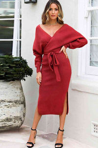 Surplice Neck Bow Waist Slit Sweater Dress Trandify deal