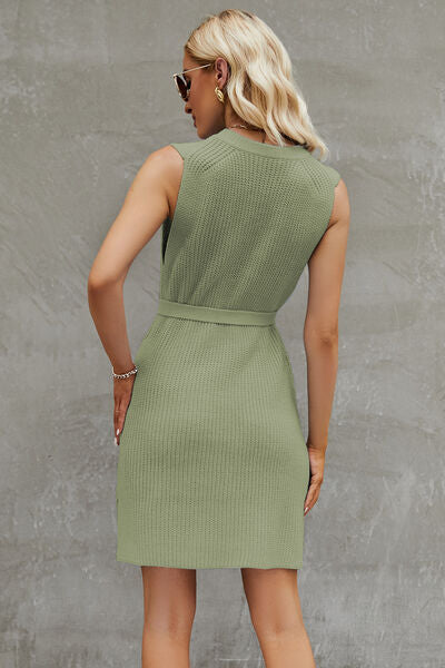 Tied Round Neck Sleeveless Sweater Dress Trandify deal