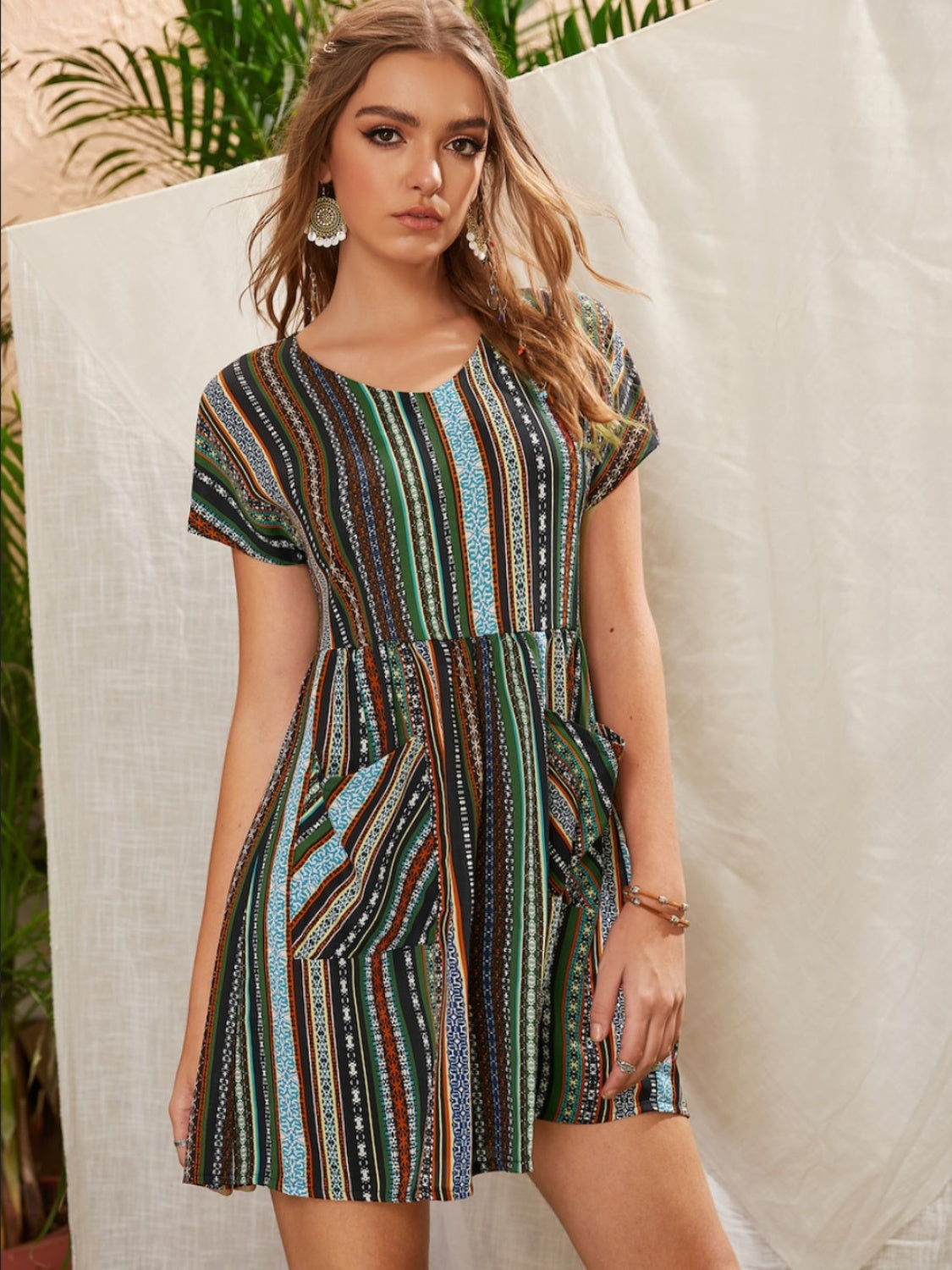 Pocketed Striped Short Sleeve Dress Trandify deal