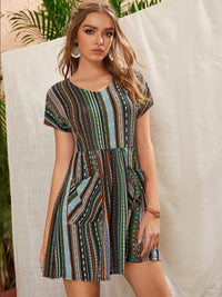 Pocketed Striped Short Sleeve Dress Trandify deal