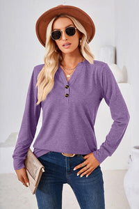 Notched Button Detail Long Sleeve T-Shirt Trandify deal