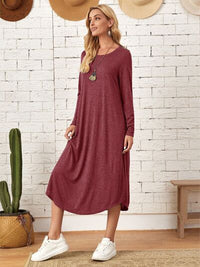 Pocketed Round Neck Long Sleeve Tee Dress Trandify deal