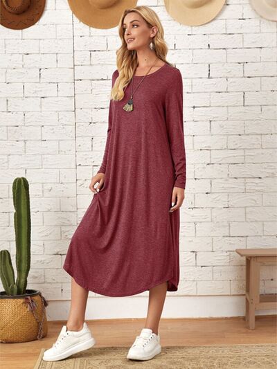 Pocketed Round Neck Long Sleeve Tee Dress Trandify deal