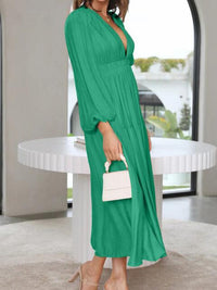 Deep V-Neck Balloon Sleeve Plain Maxi Dress Trandify deal