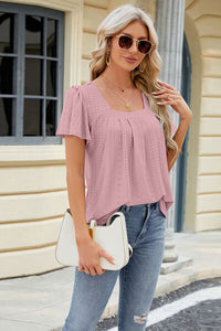 Eyelet Square Neck Short Sleeve T-Shirt Trandify deal