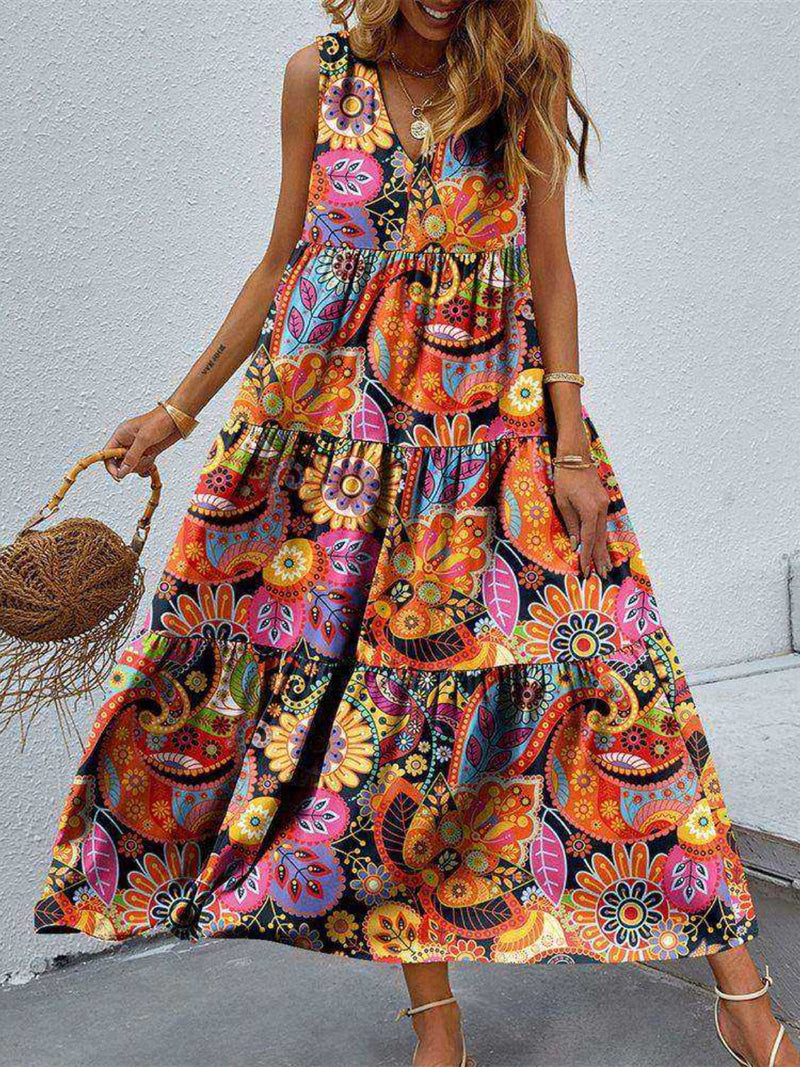 FAM-FAM Tiered Printed V-Neck Sleeveless Dress Trandify deal