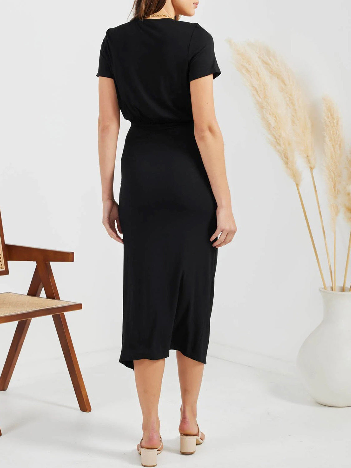 Ruched Slit V-Neck Short Sleeve Dress Trandify deal
