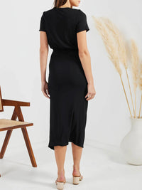 Ruched Slit V-Neck Short Sleeve Dress Trandify deal