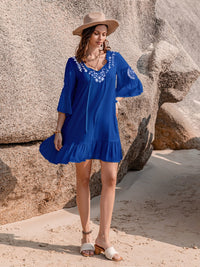 Printed Tie Neck Flounce Sleeve Mini Dress Trandify deal