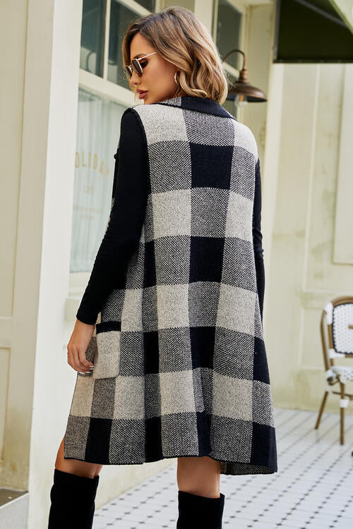 Plaid Open Front Sleeveless Cardigan with Pockets Trandify deal