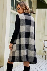 Plaid Open Front Sleeveless Cardigan with Pockets Trandify deal