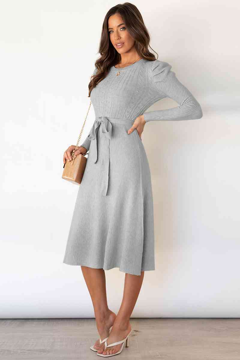 Round Neck Long Sleeve Tie Waist Sweater Dress Trandify deal