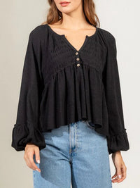 Notched Balloon Sleeve Peplum Blouse Trandify deal