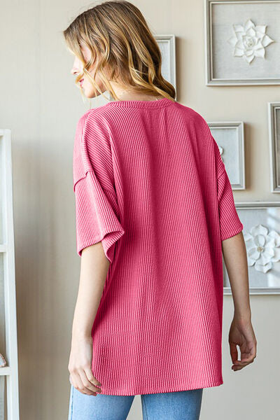 Heimish Full Size Ribbed Half Button Drop Shoulder Top Trandify deal