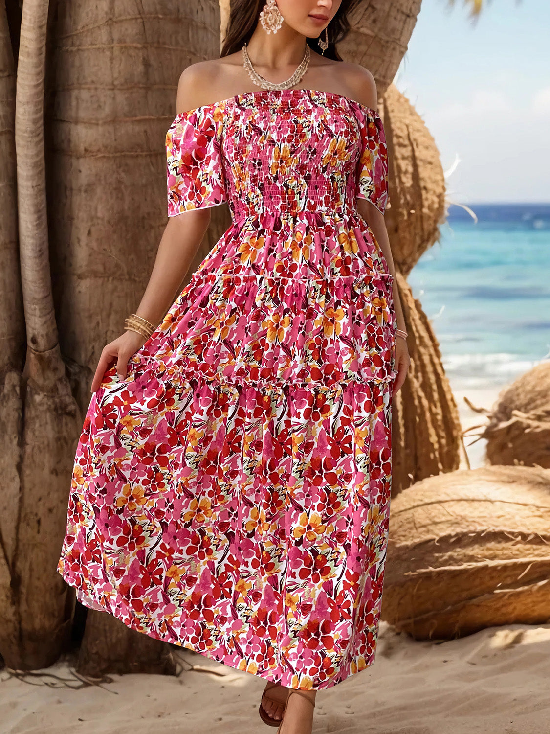 Perfee Slit Floral Off-Shoulder Short Sleeve Dress Trandify deal