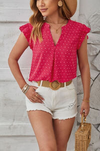 Swiss Dot Ruffled Cap Sleeve T-Shirt Trandify deal