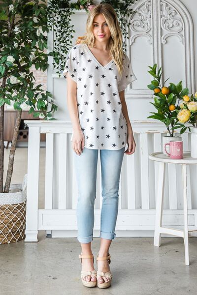 Heimish Full Size Star Print Short Sleeve V-Neck Waffle Knit T-Shirt Trandify deal