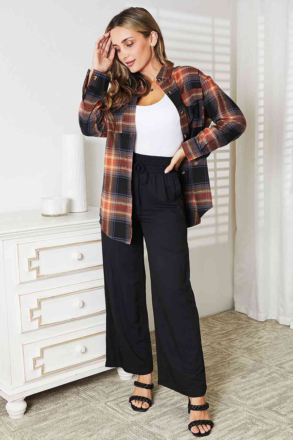 Double Take Plaid Dropped Shoulder Shirt Trandify deal