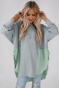 Contrast Texture Round Neck Long Sleeve Blouse Trandify deal