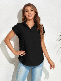 Swiss Dot Button Up Cap Sleeve Shirt Trandify deal