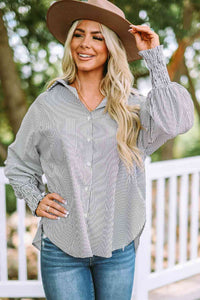 Striped Lantern Sleeve Collared Shirt Trandify deal