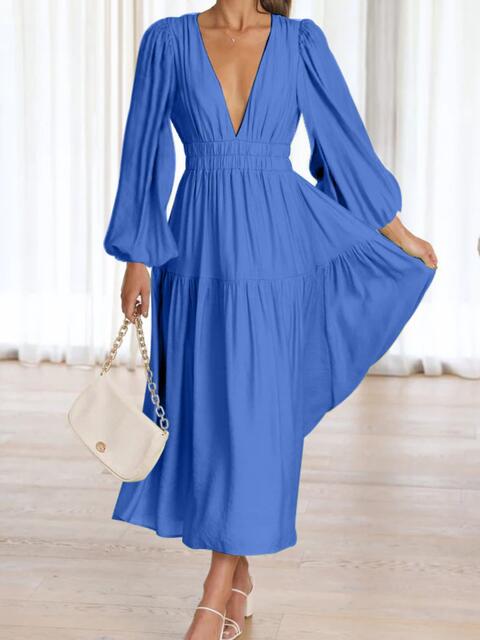 Deep V-Neck Balloon Sleeve Plain Maxi Dress Trandify deal
