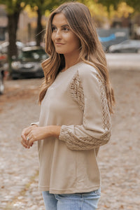 Waffle-Knit Round Neck Long Sleeve Blouse Trandify deal