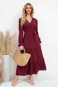 Swiss Dot Tied Surplice Flounce Sleeve Dress Trandify deal
