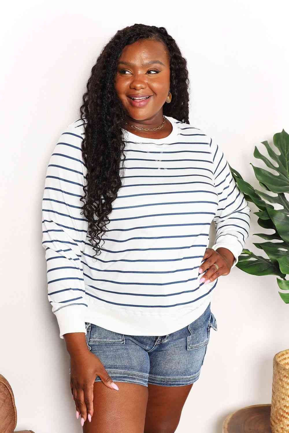 Double Take Striped Long Sleeve Round Neck Top Trandify deal