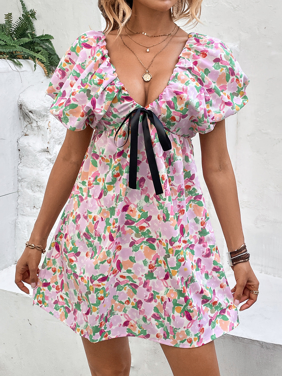 Perfee Printed V-Neck Puff Sleeve Mini Dress Trandify deal