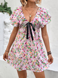 Perfee Printed V-Neck Puff Sleeve Mini Dress Trandify deal