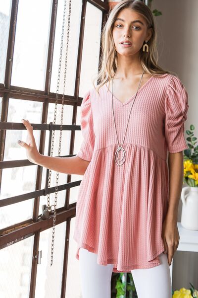 Heimish Full Size Waffle Knit V-Neck Babydoll Top Trandify deal