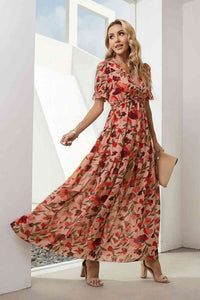 Floral V-Neck Short Flounce Sleeve Dress Trandify deal