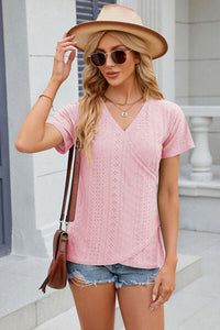 Eyelet Surplice Short Sleeve T-Shirt Trandify deal