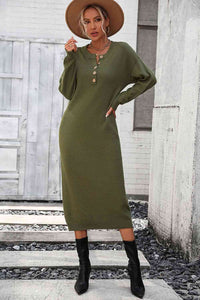 Notched Neck Dropped Shoulder Button-Down Midi Dress Trandify deal