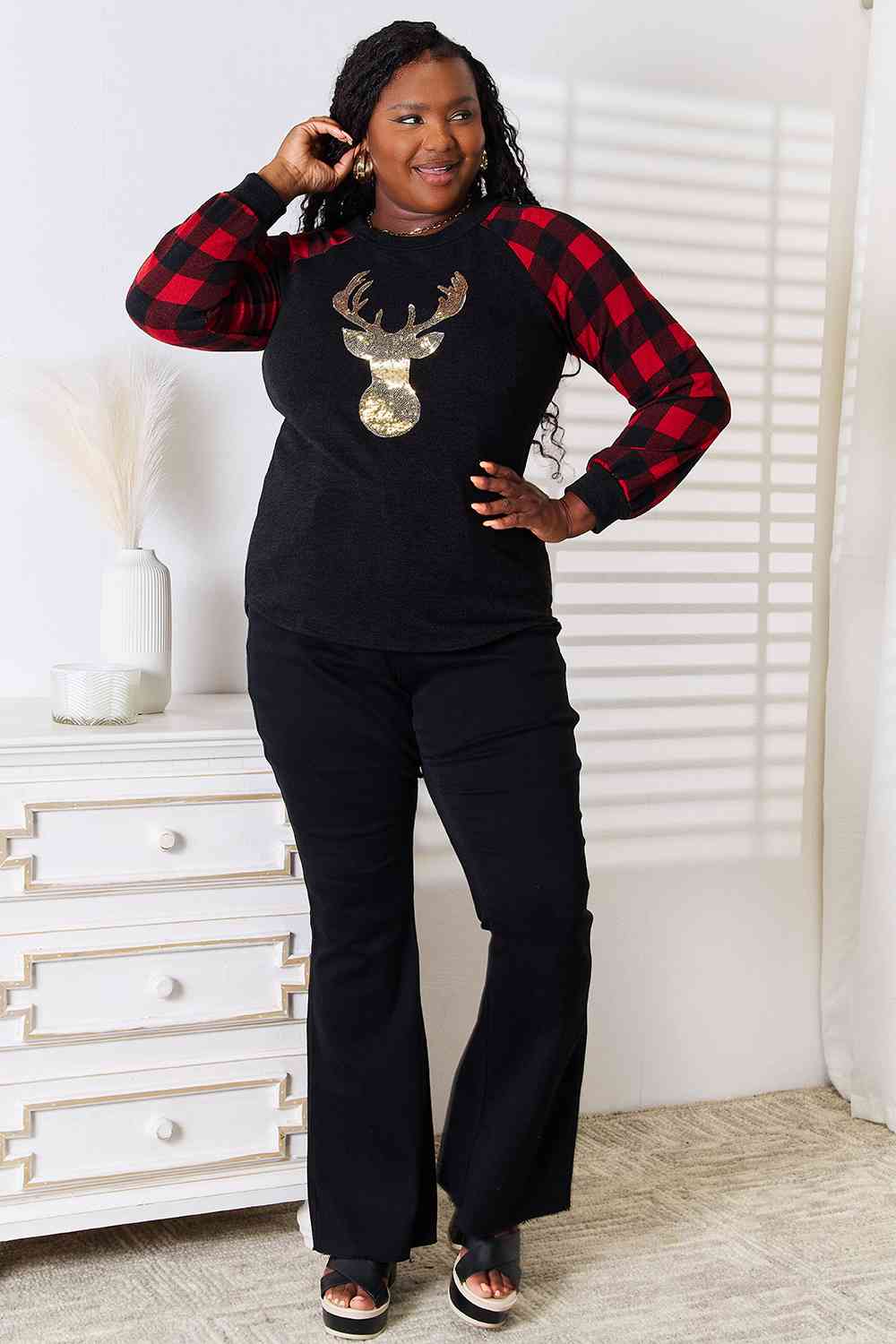 Heimish Full Size Sequin Reindeer Graphic Plaid Top Trandify deal