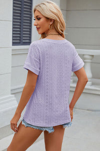 Eyelet V-Neck Short Sleeve T-Shirt Trandify deal