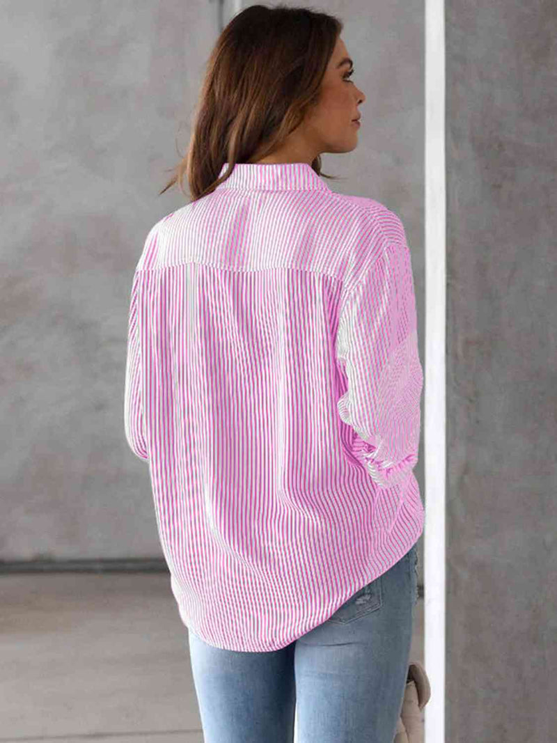 Striped Collared Neck Shirt with Pocket Trandify deal