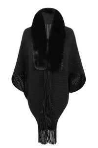 Fringe Detail Long Sleeve Ribbed Poncho Trandify deal