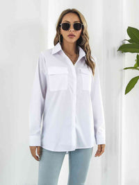 Collared Neck Buttoned Shirt with Pockets Trandify deal