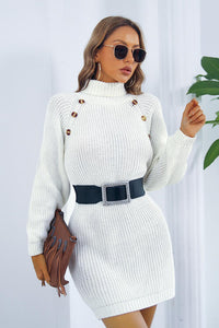 Buttoned Turtleneck Long Sleeve Sweater Dress Trandify deal