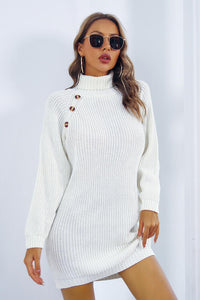 Buttoned Turtleneck Long Sleeve Sweater Dress Trandify deal