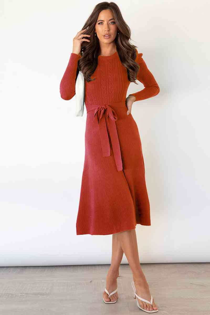 Round Neck Long Sleeve Tie Waist Sweater Dress Trandify deal